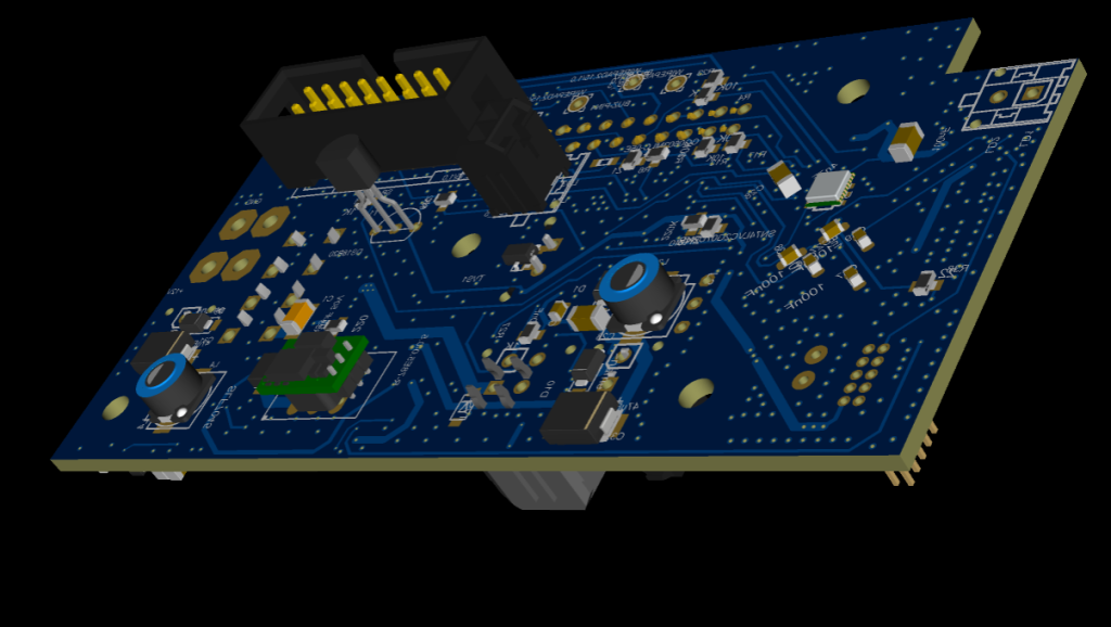 3D render of a controller PCB design, bottom view